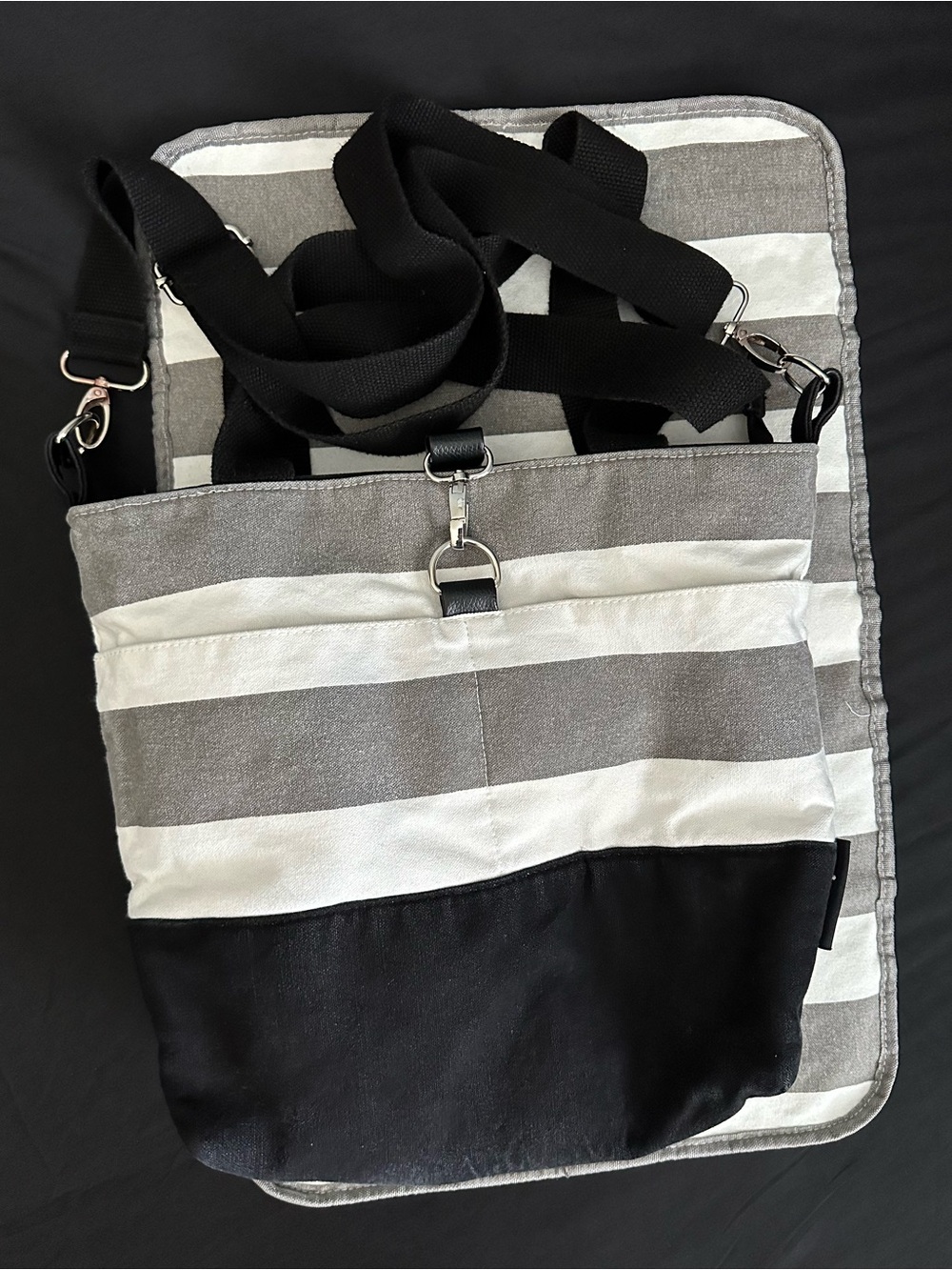 Striped Gray and White Canvas Crossbody Tote/diaper bag with Black Trim